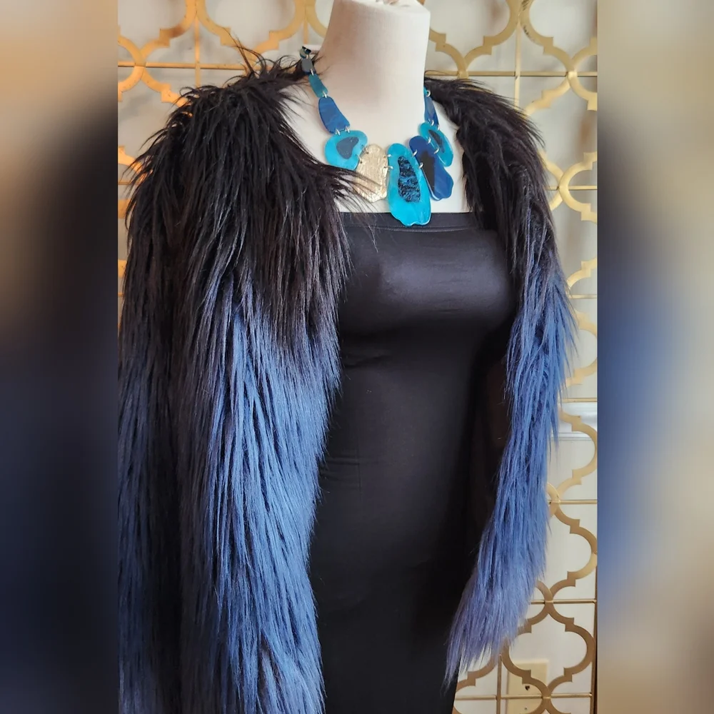 Black, Blue and Goldtone Statement Necklace with Earrings Set - Picture 12 of 15